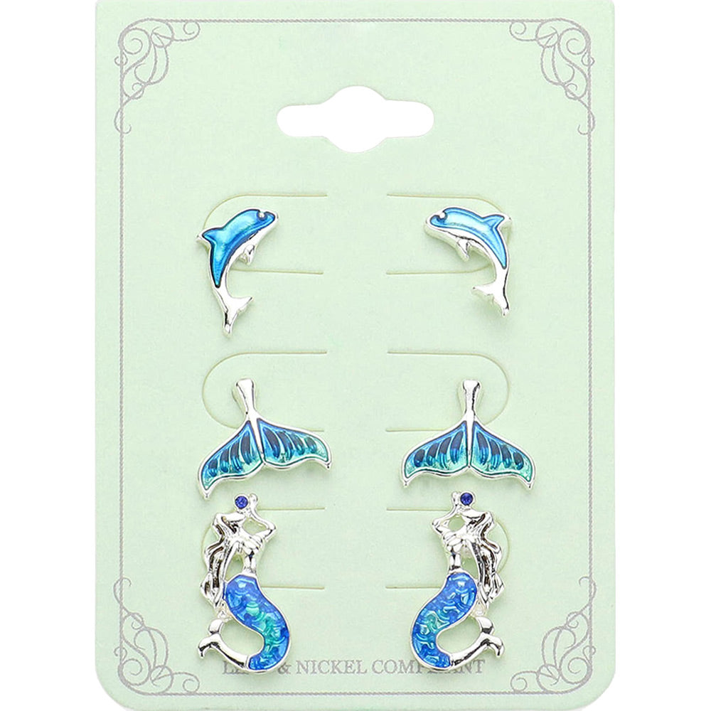 3PAIRS - Dolphin Whale Tai Mermaid Stud Earrings Set