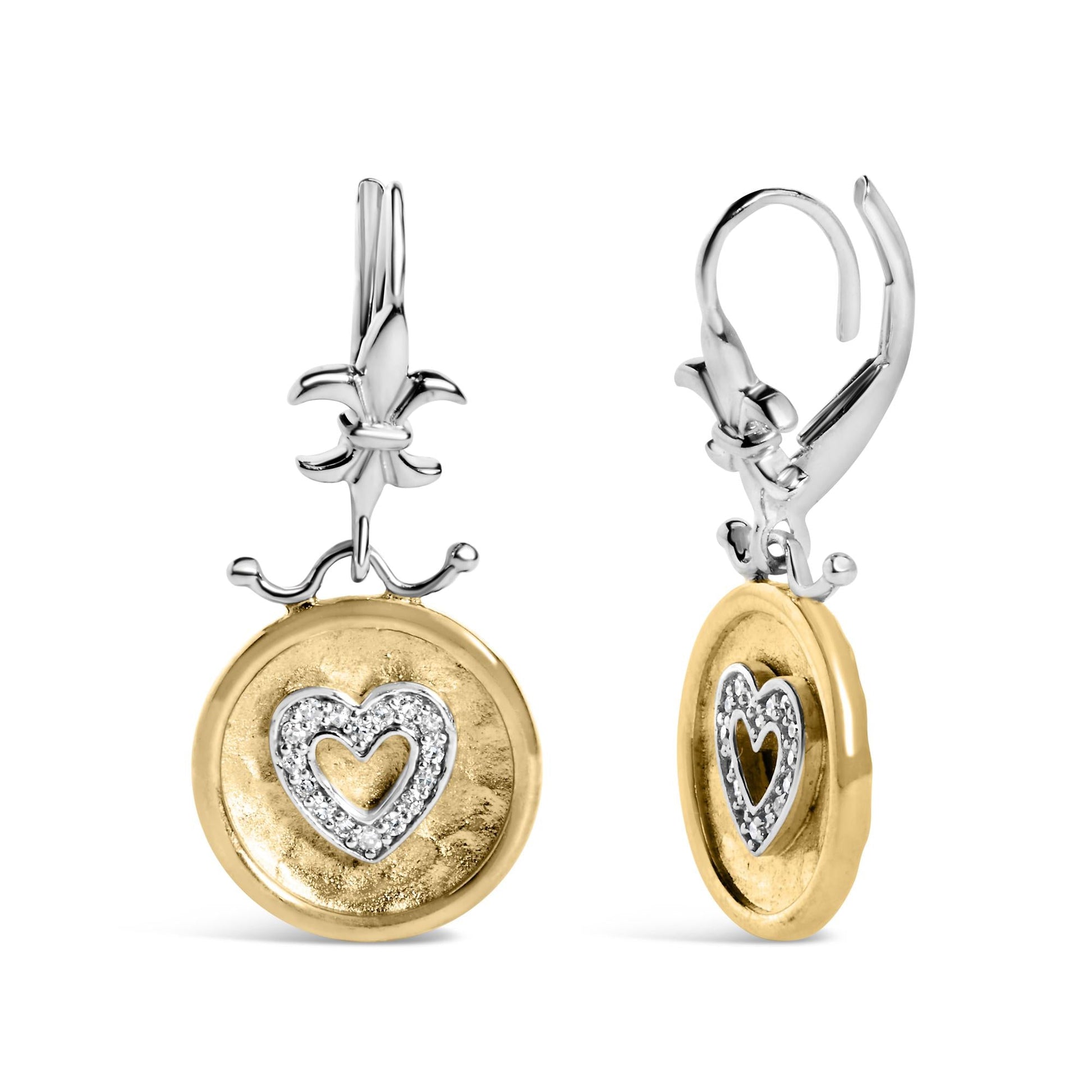 18K Yellow Gold Plated .925 Sterling Silver 1/8 Cttw Diamond Hammered Finished Medallion Heart Drop and Dangle Earrings (I-J Color, SI1-SI2 Clarity)-1