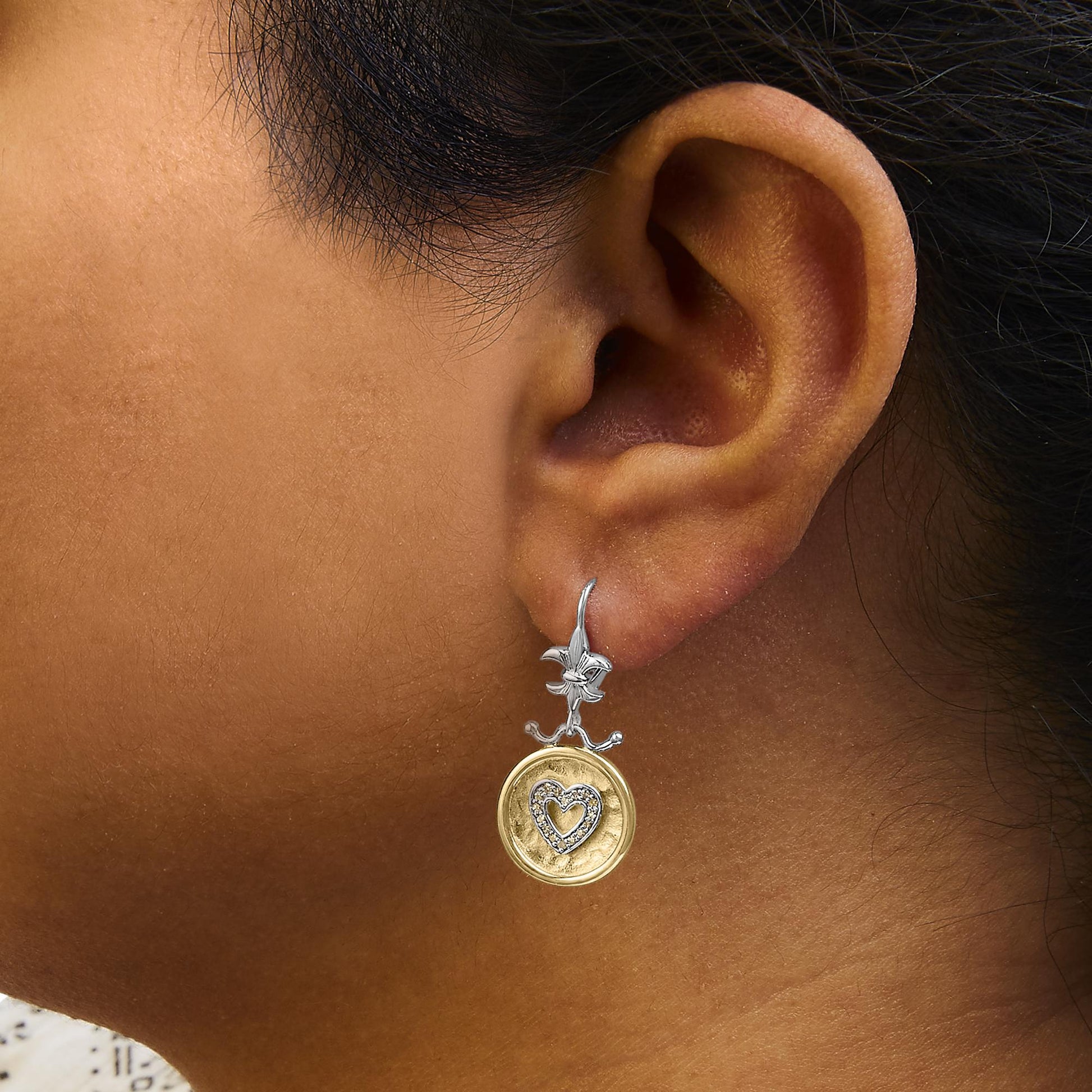 18K Yellow Gold Plated .925 Sterling Silver 1/8 Cttw Diamond Hammered Finished Medallion Heart Drop and Dangle Earrings (I-J Color, SI1-SI2 Clarity)-2