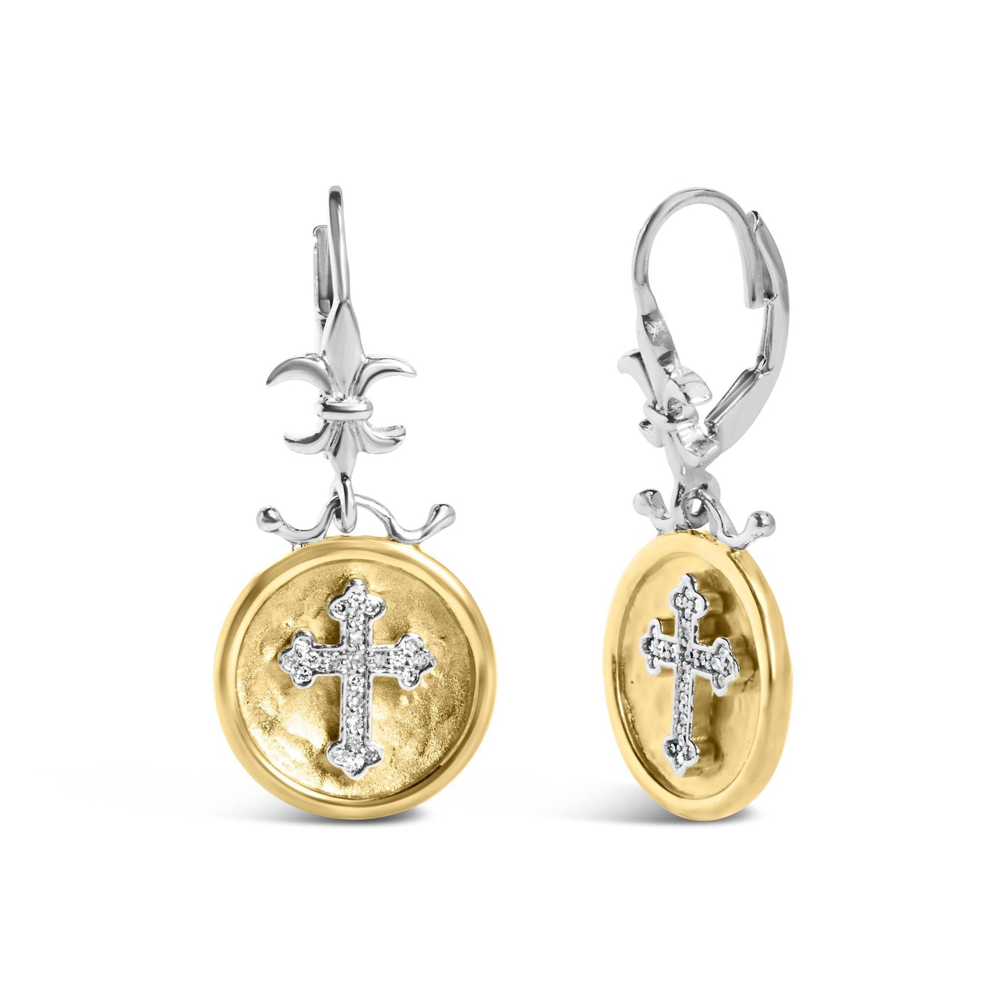 18K Yellow Gold Plated .925 Sterling Silver 1/8 Cttw Diamond Hammered Finished Medallion with Cross Drop and Dangle Earrings (I-J Color, SI1-SI2 Clarity)-1
