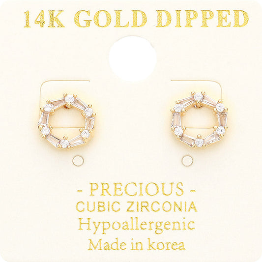 14K Gold Dipped CZ Embellished Open Circle Stud Earrings