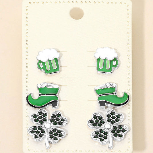 3Pairs - St Patricks Clover Boot Beer Mug Stud Earring Set