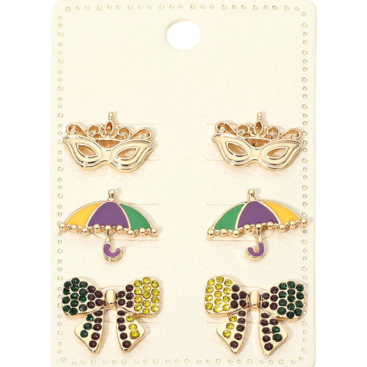 3Pairs - Mardi Gras Mask Umbrella Bow Stud Earring Set