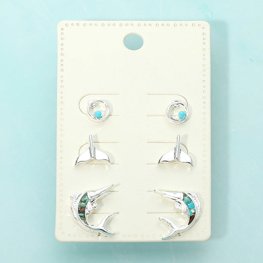 3Pairs - Whale Tale Fish Stud Earring Set