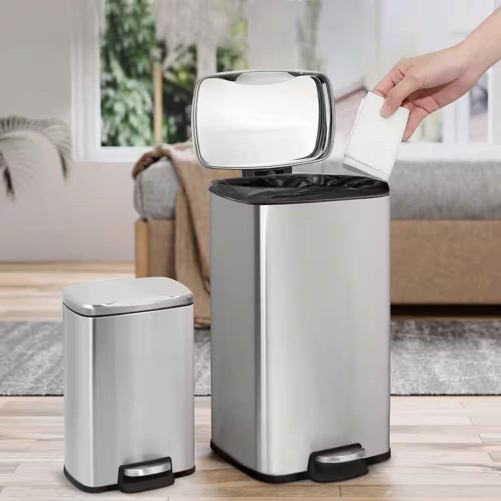 Set of 2 - 8 Gallon and 1.3 Gallon Stainless Steel Trash Can with Step-on Lid-1