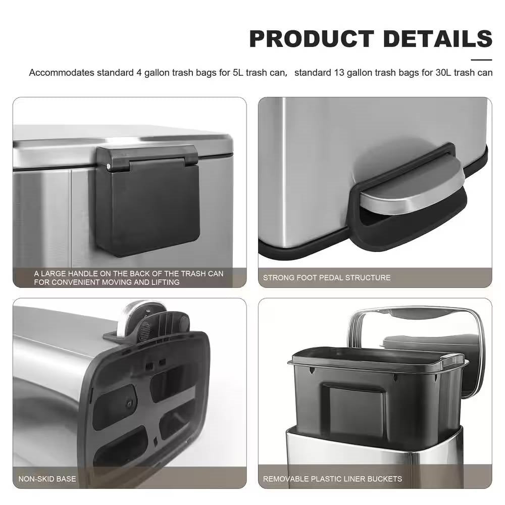 Set of 2 - 8 Gallon and 1.3 Gallon Stainless Steel Trash Can with Step-on Lid-3