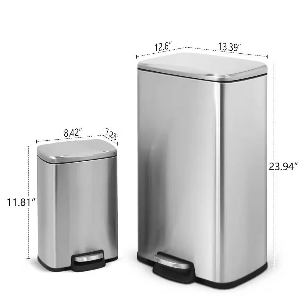 Set of 2 - 8 Gallon and 1.3 Gallon Stainless Steel Trash Can with Step-on Lid-4