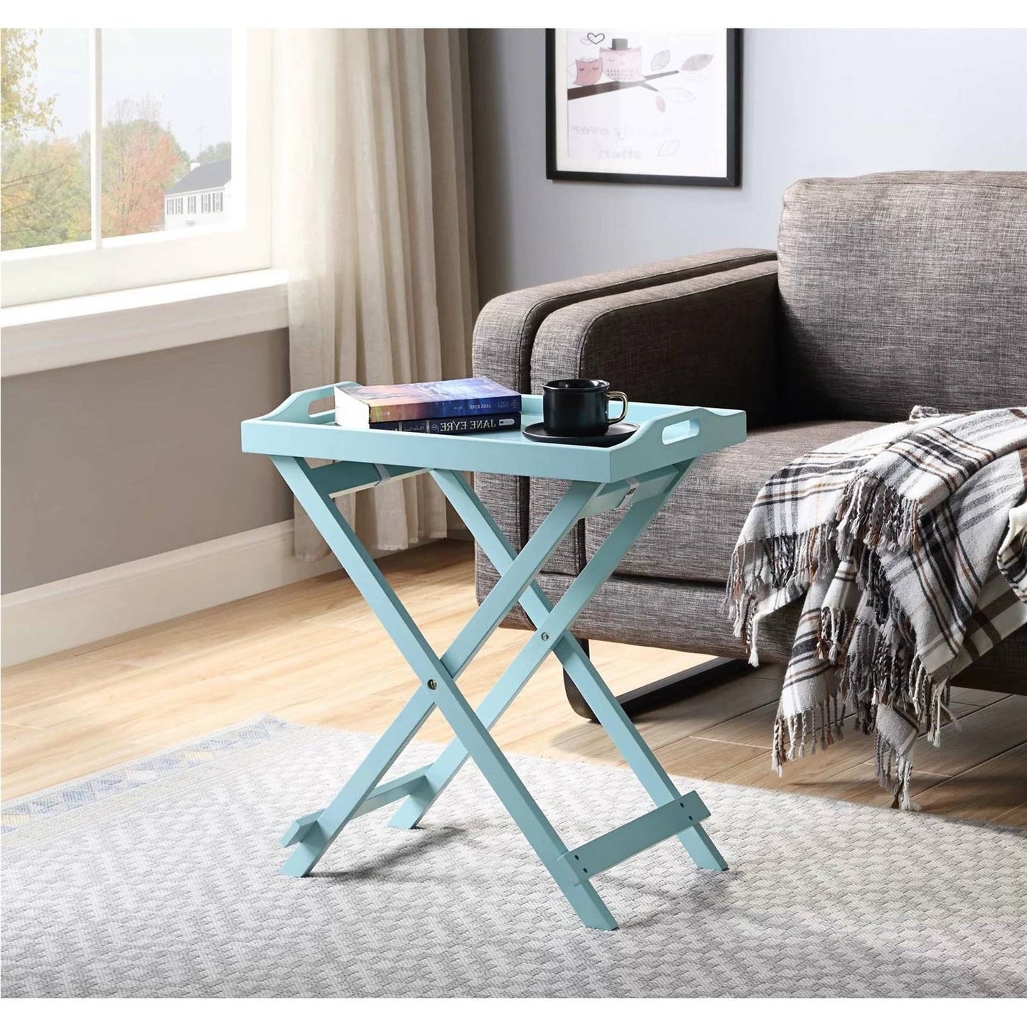 Folding TV Tray Bedside Table in Light Blue Teal Turquoise Seafoam Wood Finish-0
