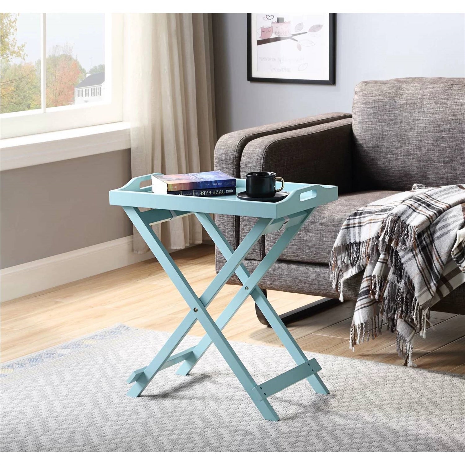 Folding TV Tray Bedside Table in Light Blue Teal Turquoise Seafoam Wood Finish-0