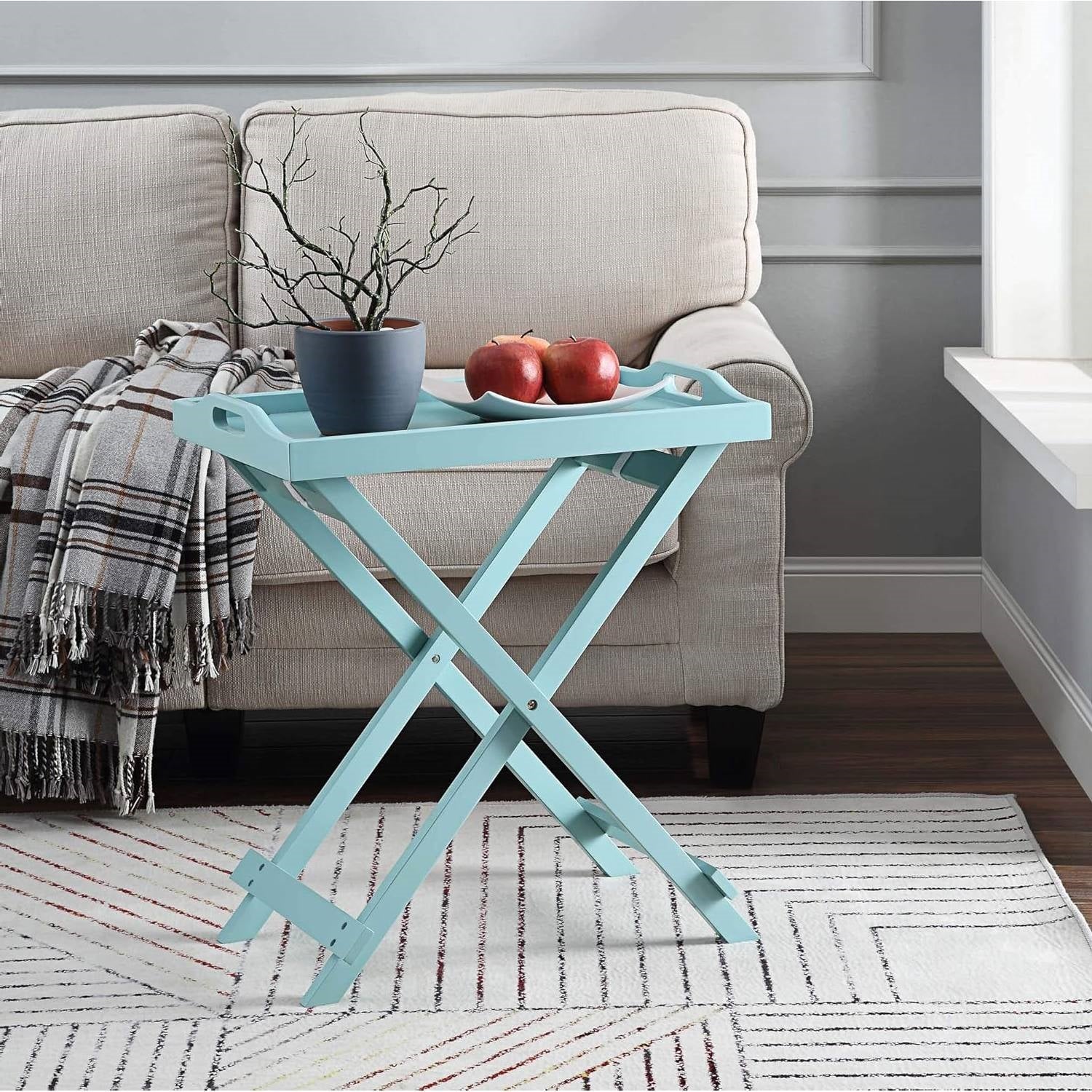 Folding TV Tray Bedside Table in Light Blue Teal Turquoise Seafoam Wood Finish-2