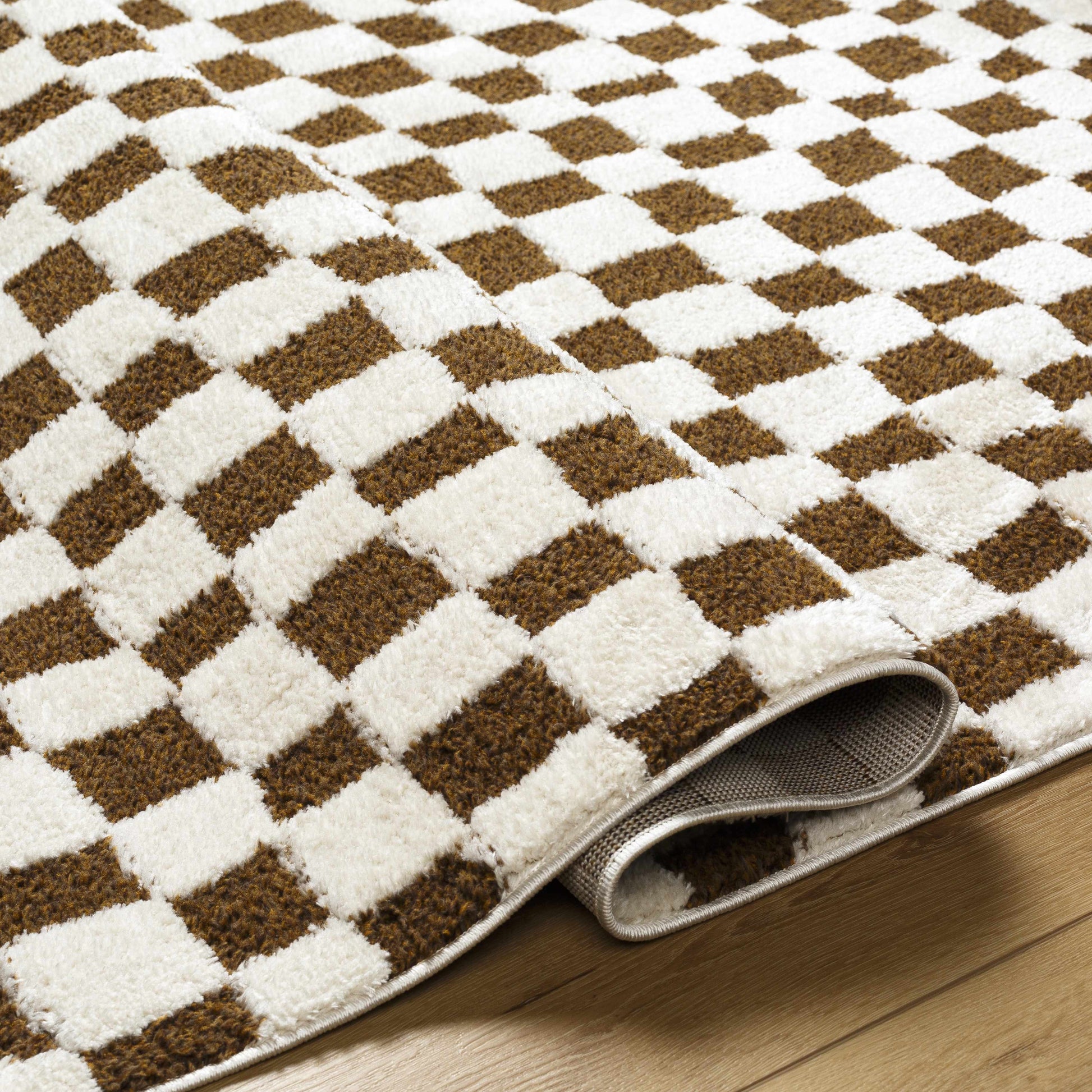 Lajos Brown Checkered Shag Rug-1