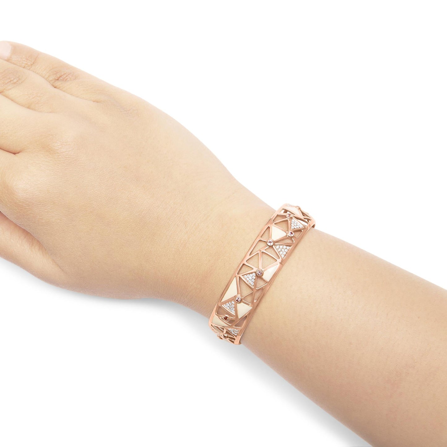 14K Rose Gold 5/8 Cttw Diamond with Pink Tourmaline Open Cuff Bangle with White Enamel (G-H Color, SI1-SI2 Clarity) - 7"-2