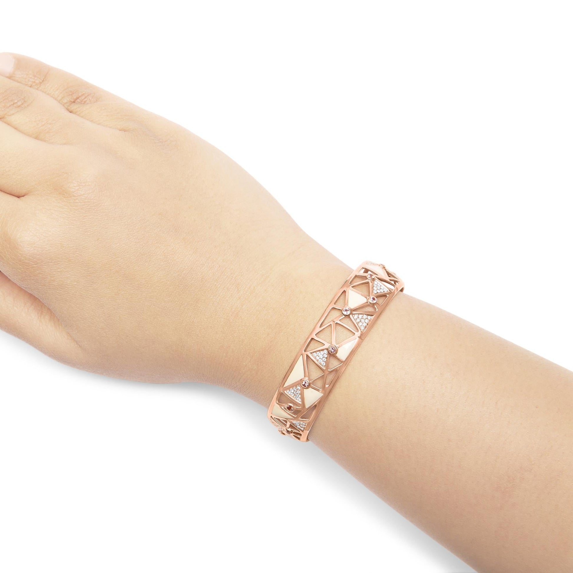 14K Rose Gold 5/8 Cttw Diamond with Pink Tourmaline Open Cuff Bangle with White Enamel (G-H Color, SI1-SI2 Clarity) - 7"-2