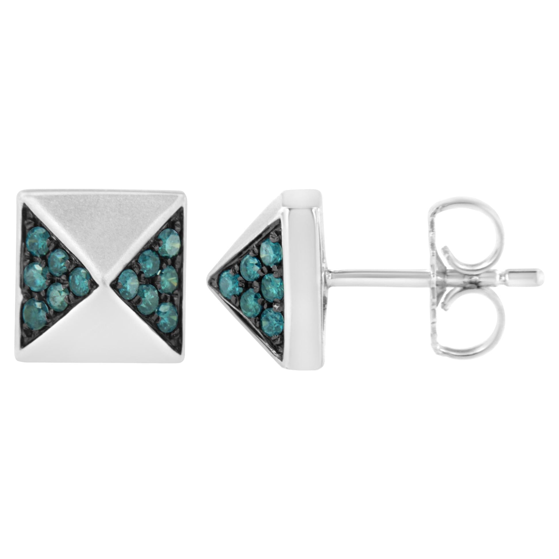 14K White Gold 1/4 Cttw Treated Blue Diamond Pyramid Stud Earring (Blue Color, SI1-SI2 Clarity)-1
