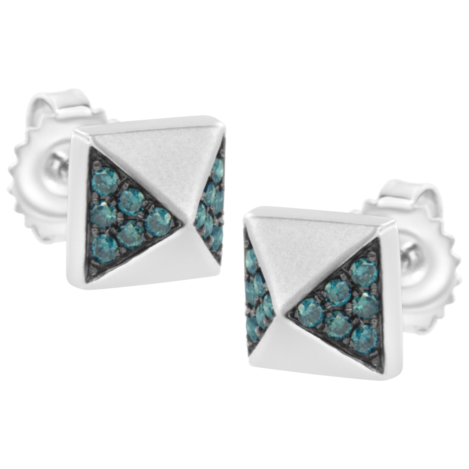 14K White Gold 1/4 Cttw Treated Blue Diamond Pyramid Stud Earring (Blue Color, SI1-SI2 Clarity)-3