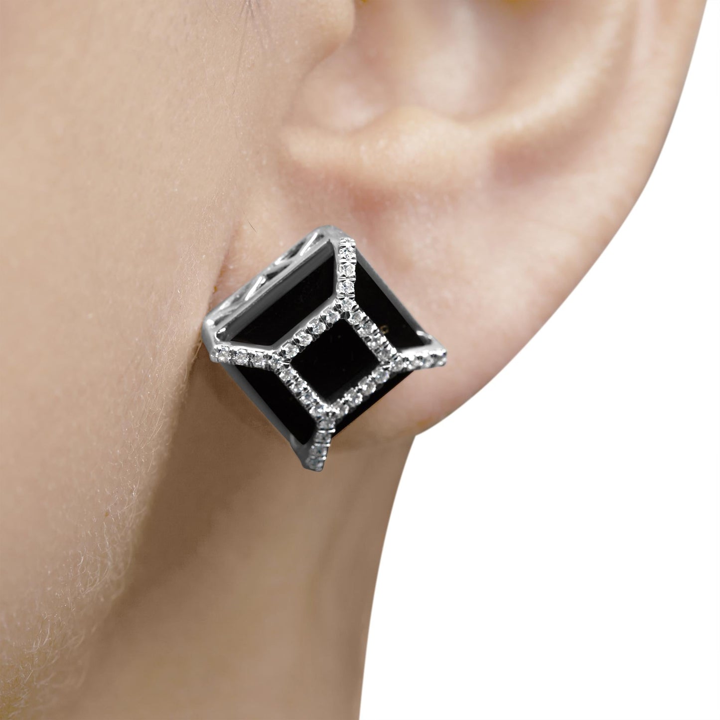 14K White Gold 3/8ct Diamond with 11x11MM Black Onyx Stud Earrings (G-H Color, SI1-SI2 Clarity)-2
