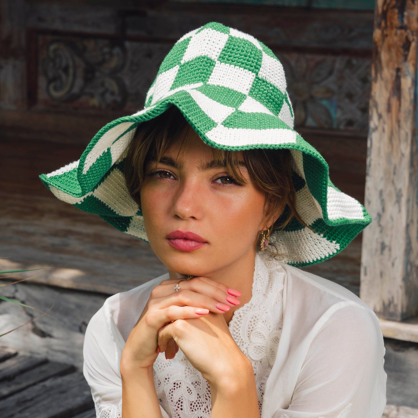 The Shilo Checkered Crochet Hat In Green & White