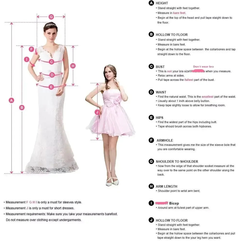 Measurement guide for dresses with a white dress and pink dress on a white background.