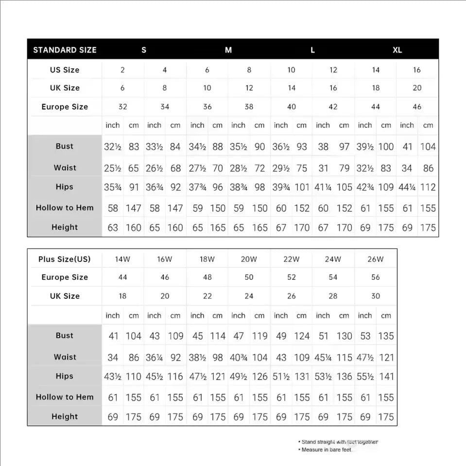 Size chart for clothing with US, UK, and European size conversions.