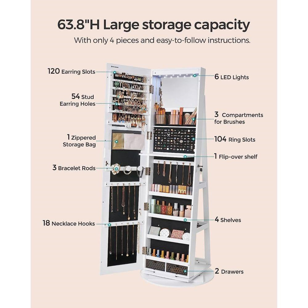 White Jewelry Cabinet Armoire Organizer Freestanding Rotating Mirror-4