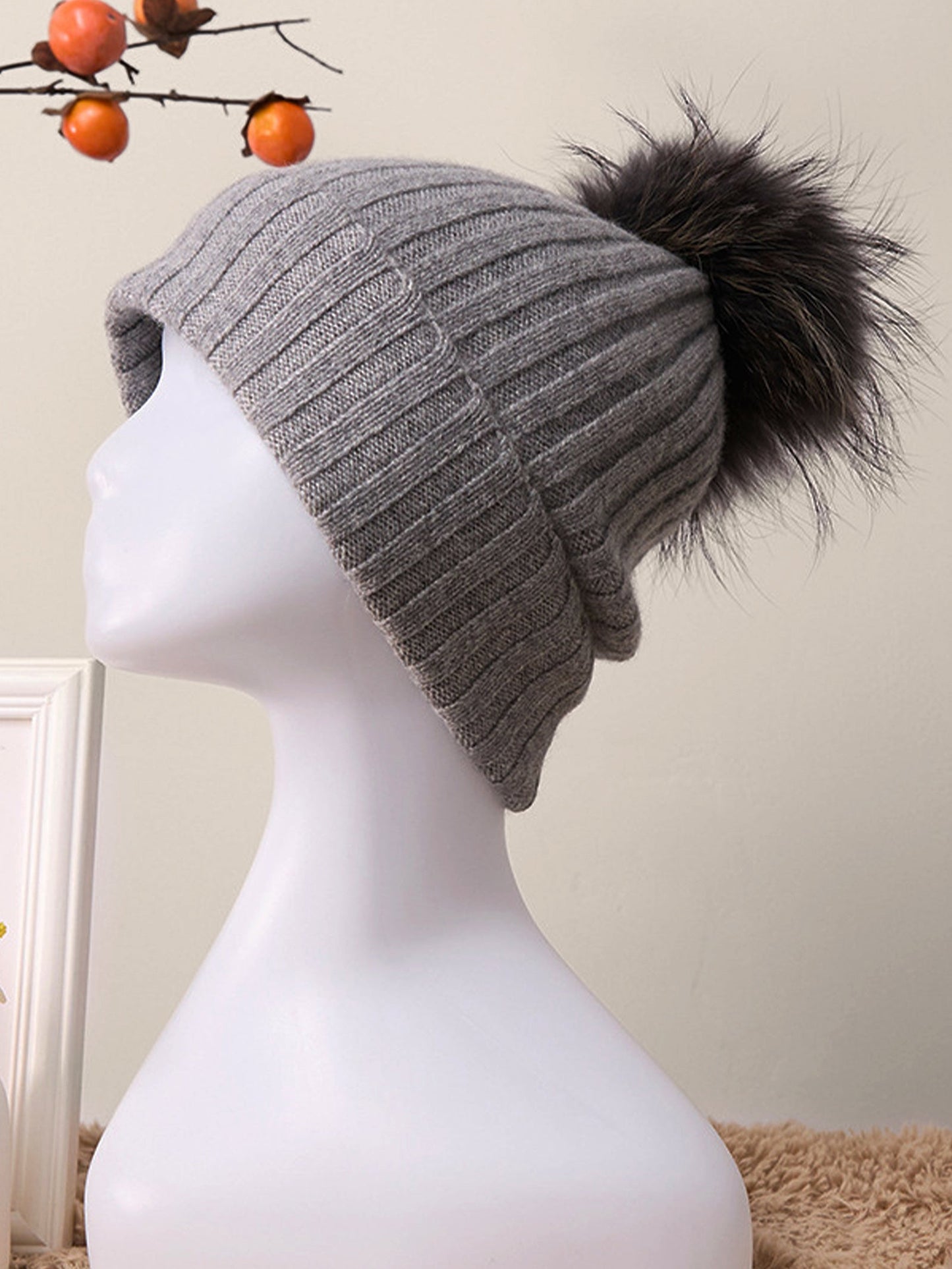 100% Cashmere Rib-Knit Slouchy Beanie With Pom-Pom