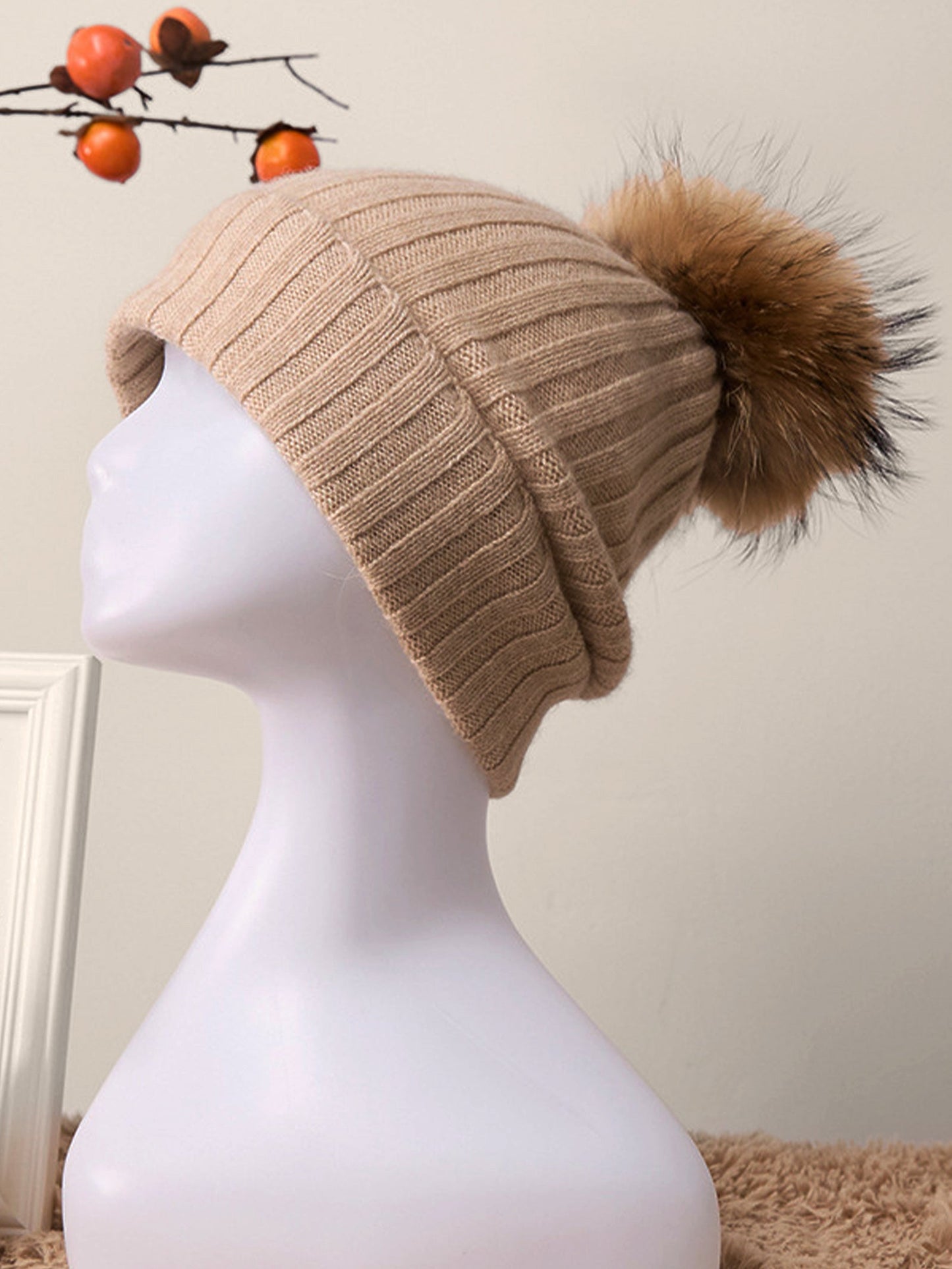 100% Cashmere Rib-Knit Slouchy Beanie With Pom-Pom