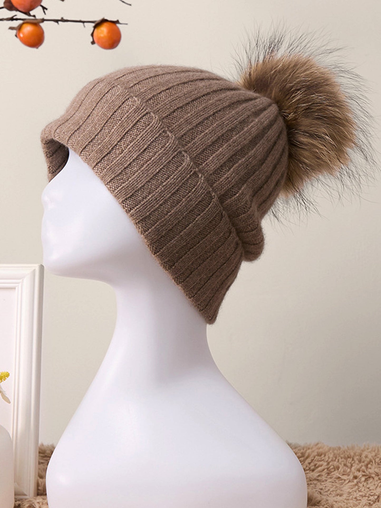 100% Cashmere Rib-Knit Slouchy Beanie With Pom-Pom