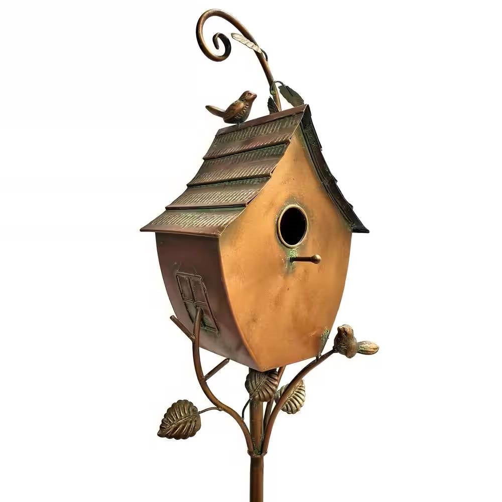 Outdoor Powder Coated Iron Birdhouse with 3-Prong Garden Stake in Copper Finish-0