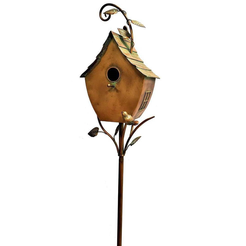 Outdoor Powder Coated Iron Birdhouse with 3-Prong Garden Stake in Copper Finish-1