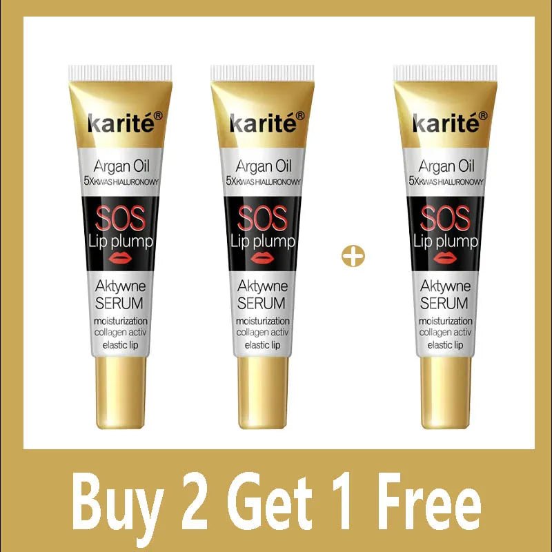 Three tubes of Karite SOS Lip Plump with a promotional text 'Buy 2 Get 1 Free' on a gold background.