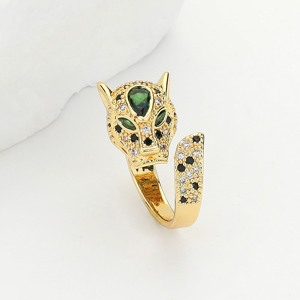 CZ Stone Paved Brass Metal Leopard Ring
