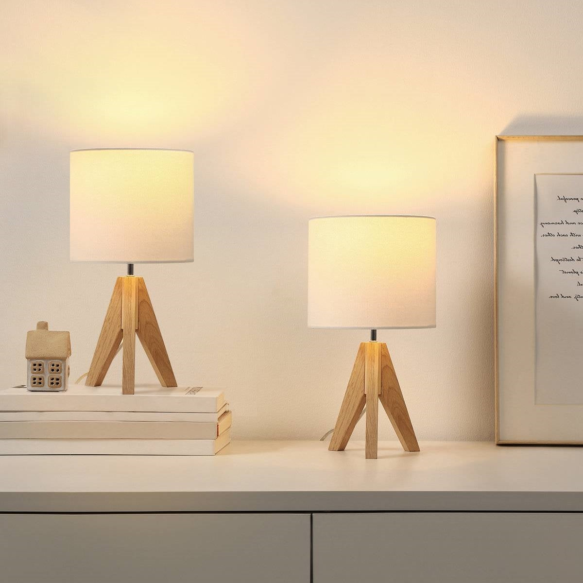 Set of 2 - Scandinavian Style Tripod Desk Lamp with White Linen Drum Shade-2