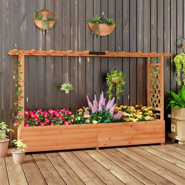 Solid Fir Wood Rectangle Raised Garden Bed with Side Trellis-2