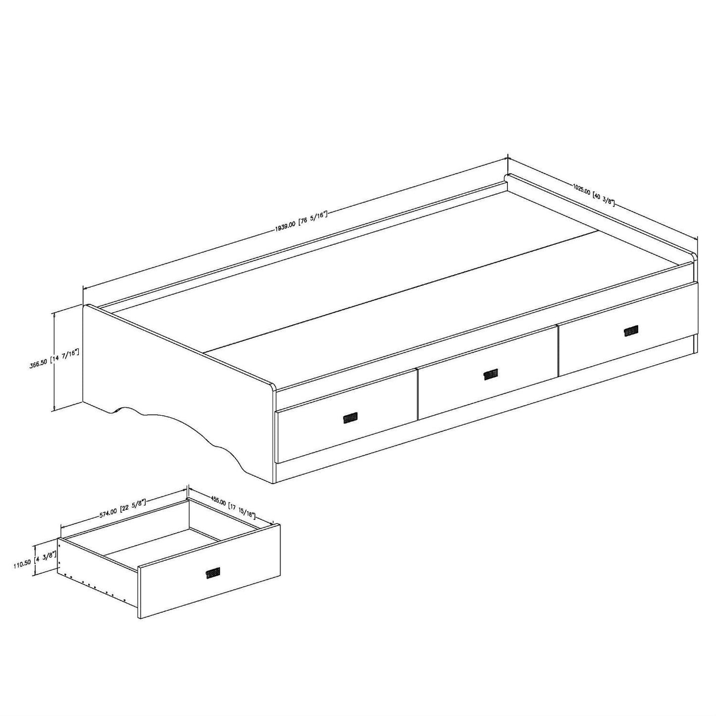 Twin size White Platform Bed Frame with 3 Storage Drawers-2