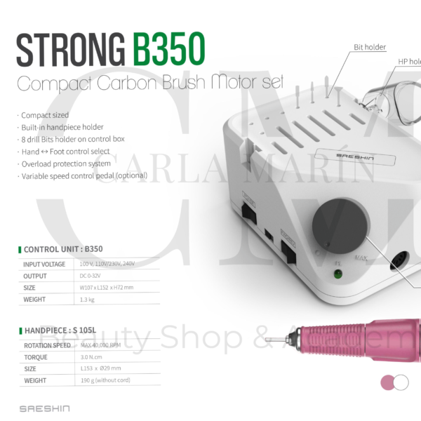 Professional studio product photography of the Saeshin BRILLIAN B350 control box and H350 Pink handpiece set, displayed on a clean white background, highlighting the sleek design of this compact carbon brush motor system.