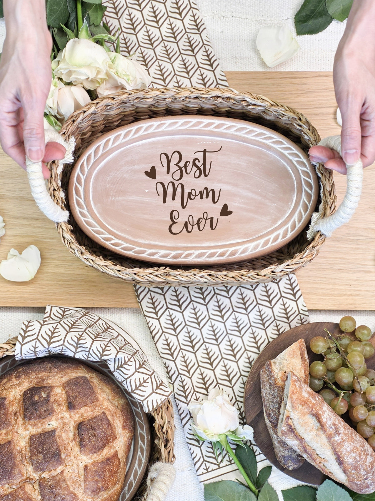Bread Warmer & Basket Gift Set with Tea Towel - Mom Oval-3