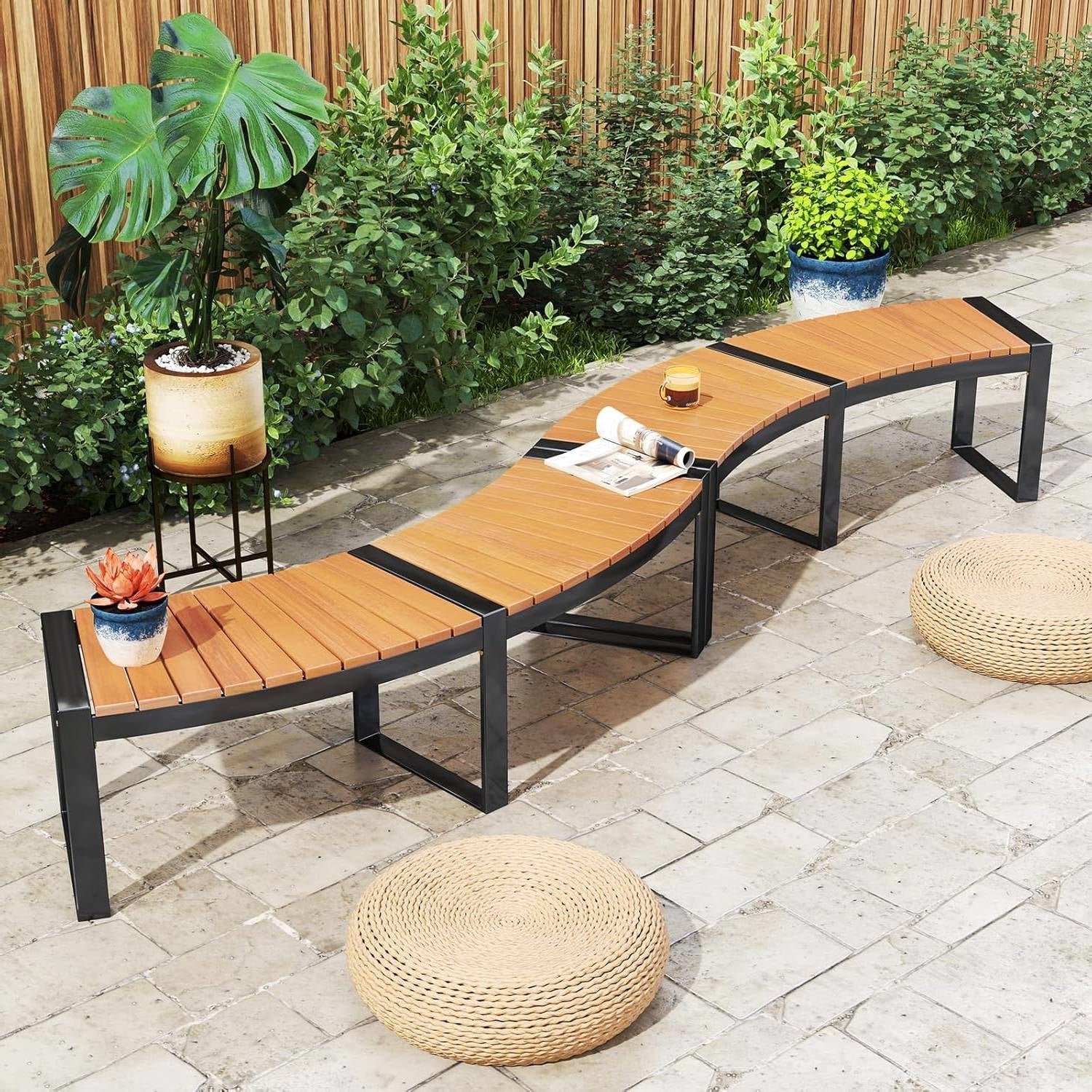 Set of 2 - Outdoor Metal Wood Backless Garden Bench with Modern Curved Design-1