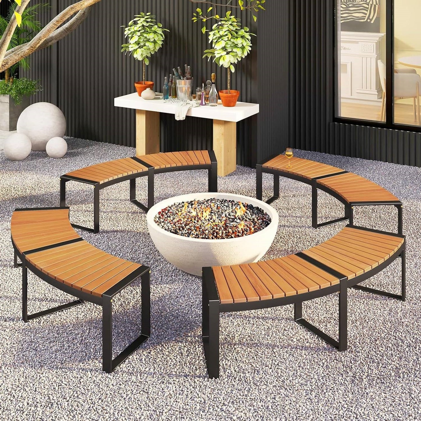Set of 2 - Outdoor Metal Wood Backless Garden Bench with Modern Curved Design-3