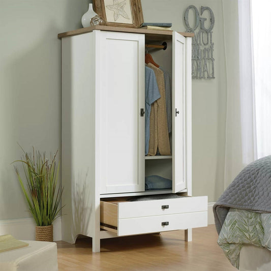 Farmhouse Bedroom Armoire Cabinet w/ Bottom Storage Drawer in White Wood Finish-0