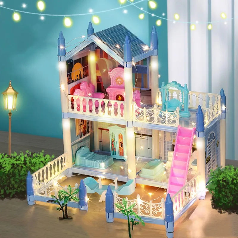 Dream Princess Castle Villa DIY 3D Assembled Doll House Set Toys With LED Ligh Furniture Puzzle Toys for Girls Birthday Gifts