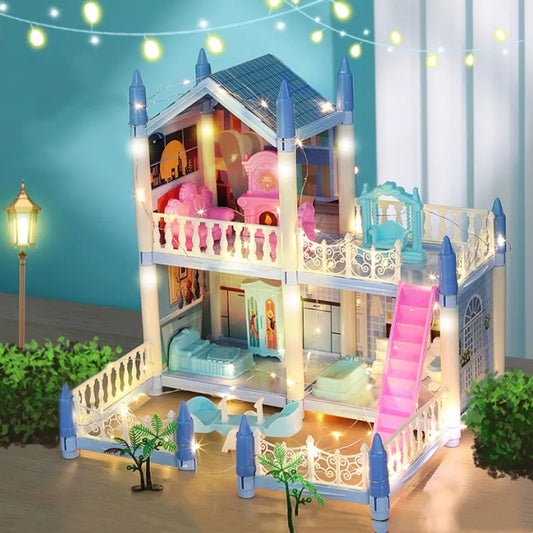 Dream Princess Castle Villa DIY 3D Assembled Doll House Set Toys With LED Ligh Furniture Puzzle Toys for Girls Birthday Gifts