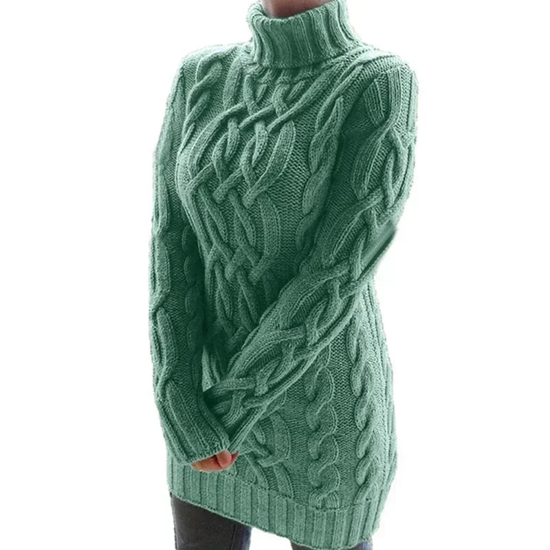 Women Fashion Long Sweater Dress High Collar Knitted Sweater Solid Color Thicken Pullovers Mini Vestidos 2024 Winter Autumn