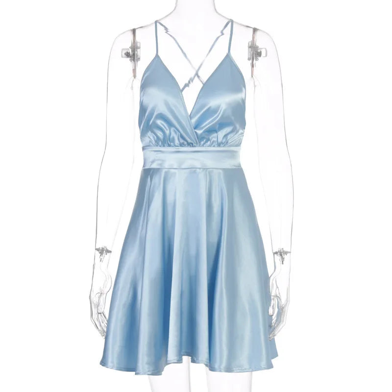 Women Sexy Summer Dress Hotsweet Party Spaghetti Strap Bow Big Swing Female Bckless Club Fashion Sleeveless New Mini Clothing
