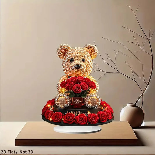 Romantic Bear & Red Rose Desktop Decor - Love And Light Theme Home Decor Perfect Valentine's Day Gift for Animal Lovers