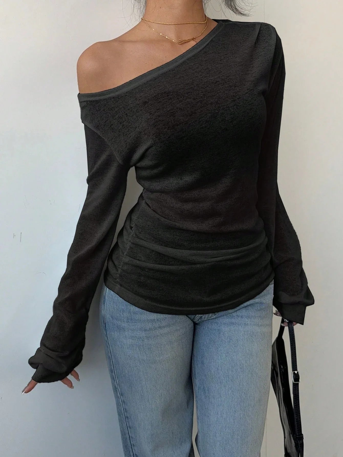 Women's Casual Solid Color Slope Collar Long Sleeved T-Shirt Loose Slouchy Style See-Through Off The Shoulder Top