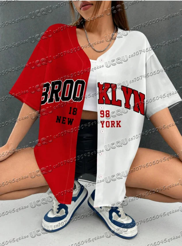 Summer Women's Baseball Jersey Brooklyn Button T-shirt Jersey Men's Short Sleeve Casual Button Streetwear Sport Top