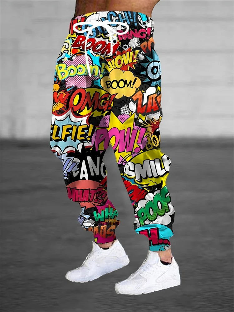 Men's Casual Pants Fashion 3D Colorful Graffiti Print Outdoor Trend Drawstring Pants Large Size Men's Hip Hop Pants