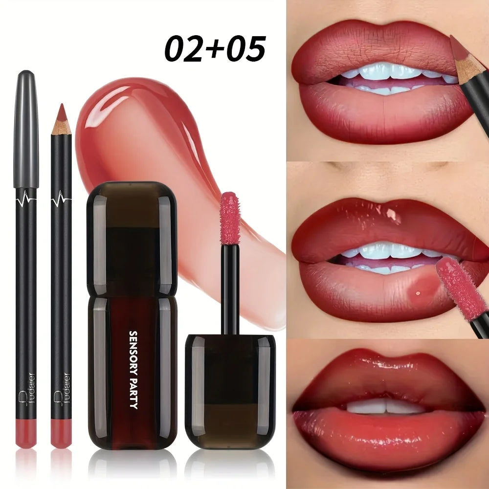 Pudaier Lip Gloss & Lip Liner Set, Hydrating Long Lasting Waterproof Non-Smudge Lip Makeup, Smooth Lip Kit for Women