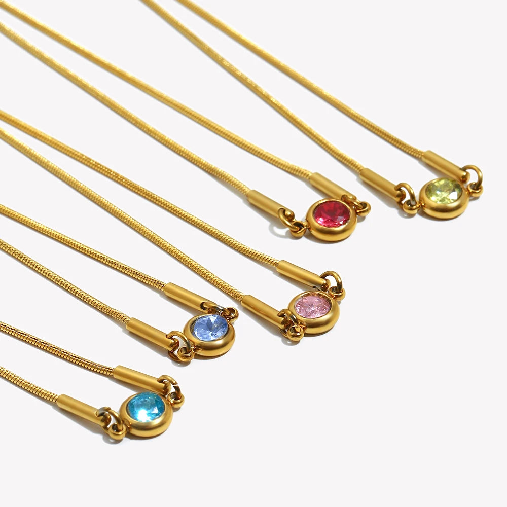 E.B.belle Colorful Round Zircon Birthstone Snake Chain Adjustable Bracelet Chain Gold Plated Stainless Steel Women Chic Jewelry