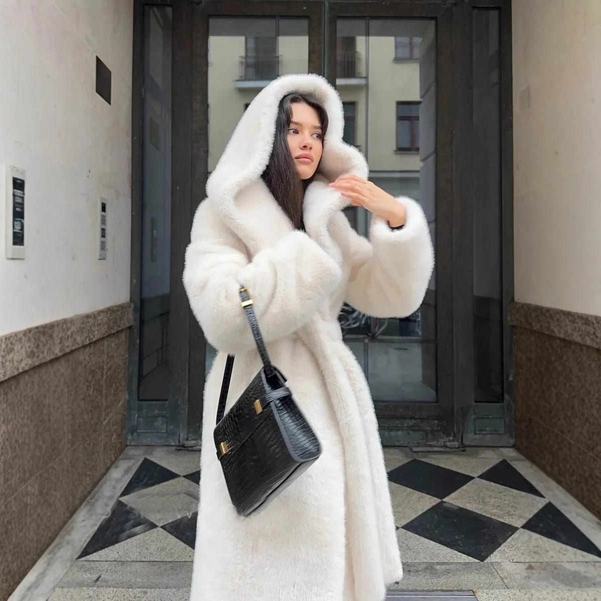 Belted Winter Women Artificial Fur Jacket Thick Cinched Waist Fur Trim Hooded Female Eco Fur Coat Long Warm Lady Faux Fur Coat